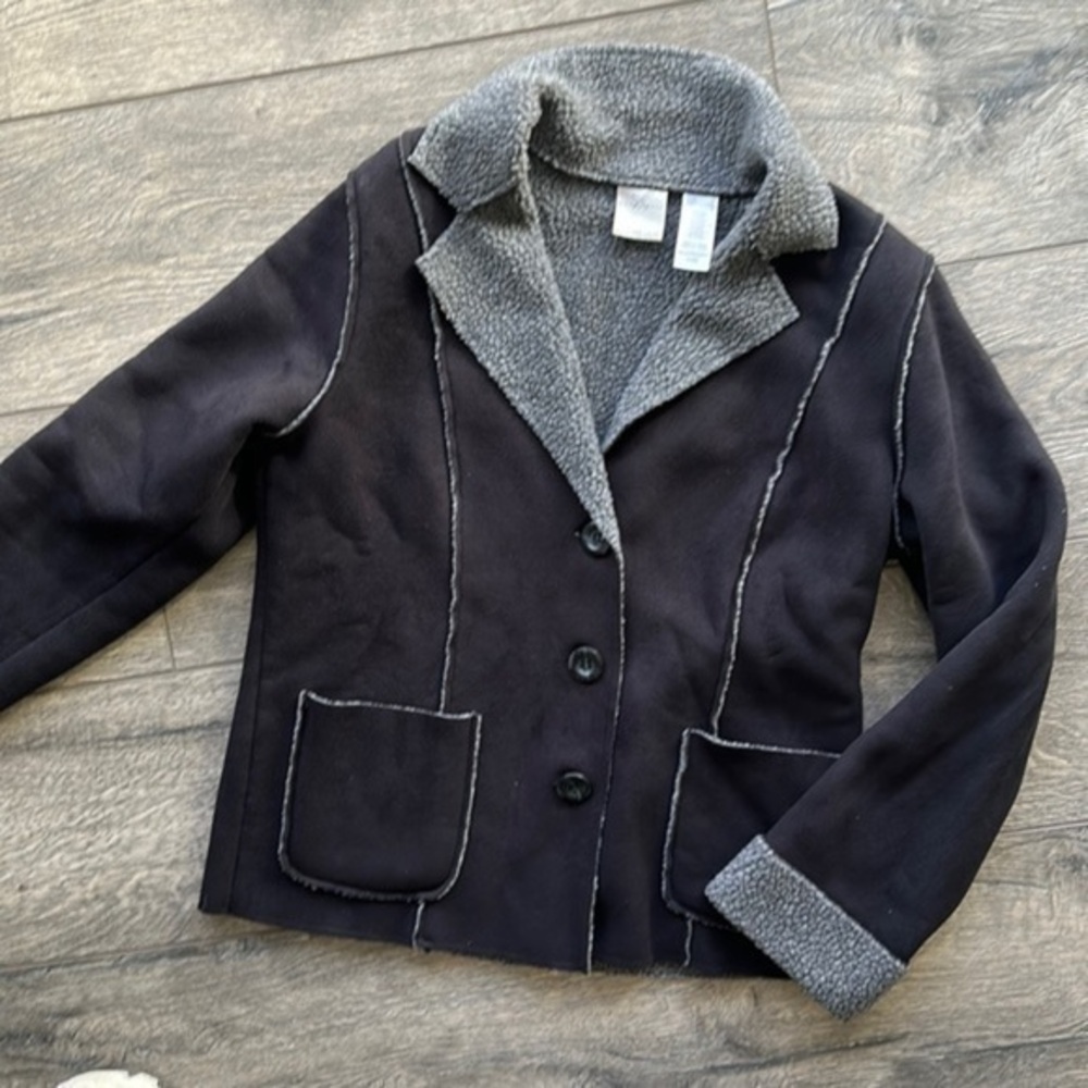 Emma James coat black faux sued jacket lightweight size Small gray lining